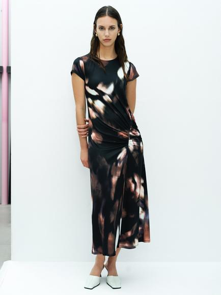 French Connection Josephine Jersey Abstract Printed Ruched Midi Dress, Brown/Multi, Brown/Multi