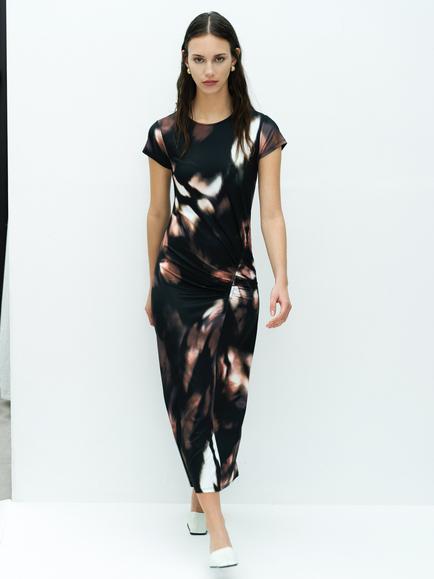 French Connection Josephine Jersey Abstract Printed Ruched Midi Dress, Brown/Multi - view 2, Brown/Multi