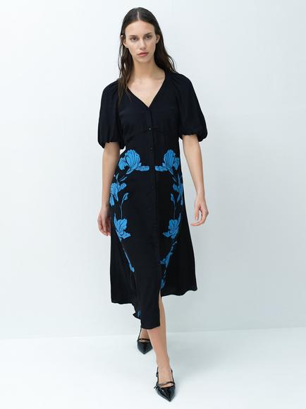 French Connection Lizzy Eco Floral Button Through Midi Dress, Black, Black