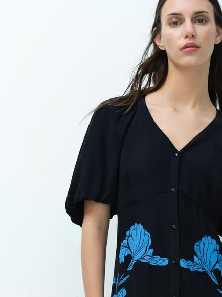 French Connection Lizzy Eco Floral Button Through Midi Dress, Black - view 2, Black
