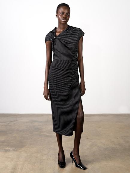 French Connection Vinnie Pinstripe Draped Midi Dress, Black/Cream, Black/Cream