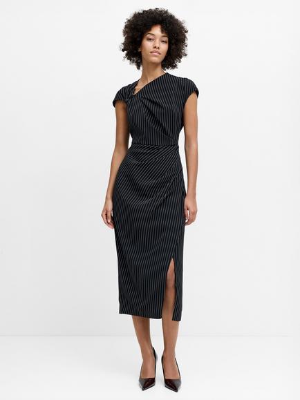 French Connection Vinnie Pinstripe Draped Midi Dress, Black/Cream - view 2, Black/Cream