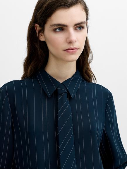 French Connection Erma Pinstripe Tie Long Sleeve Shirt, Navy - view 2, Navy
