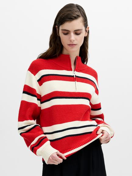 French Connection Varli Textured Striped Half Zip Jumper, Cream/Red, Cream/Red