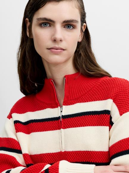 French Connection Varli Textured Striped Half Zip Jumper, Cream/Red - view 2, Cream/Red