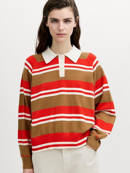 French Connection Yaz Striped Polo Jumper, Tabacco/Red, Tobacco/Red