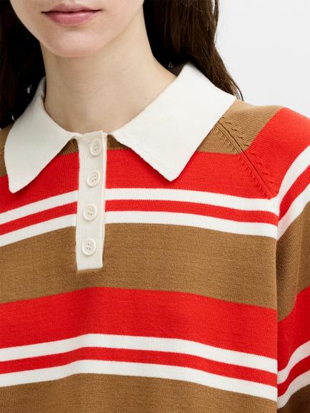 French Connection Yaz Striped Polo Jumper, Tabacco/Red - view 2, Tobacco/Red