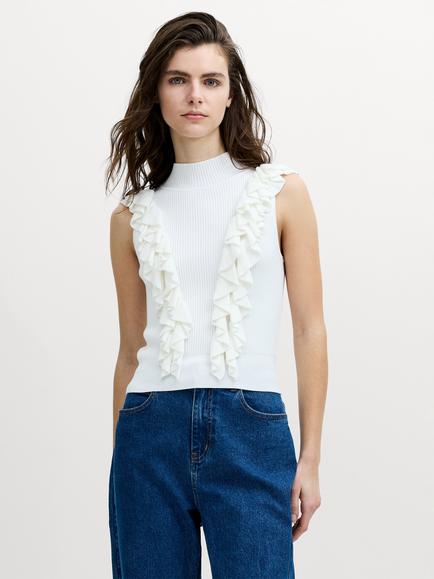 French Connection Lia Sleeveless Ruffled Knit Top, Winter White, Winter White