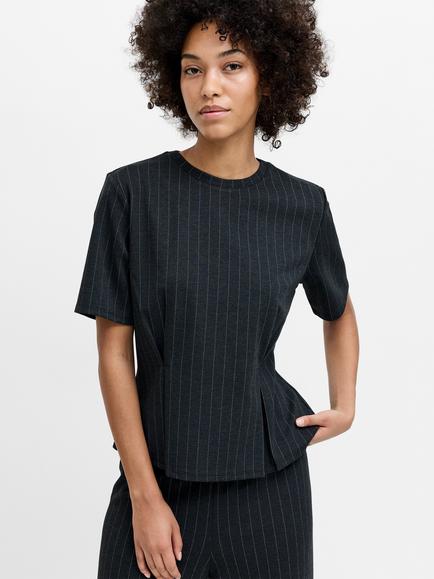 French Connection Sarai Pinstripe Pleat Detail T-Shirt, Grey/White, Grey/White
