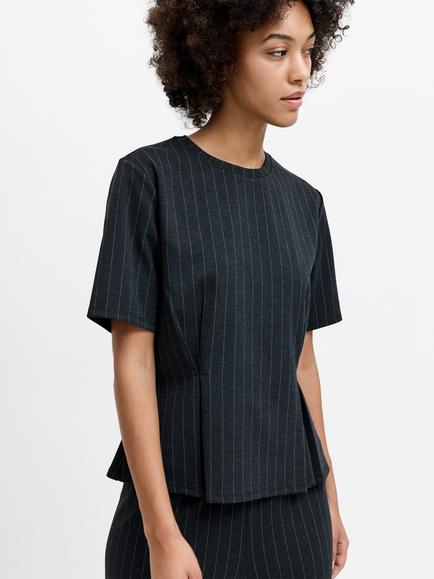 French Connection Sarai Pinstripe Pleat Detail T-Shirt, Grey/White - view 2, Grey/White