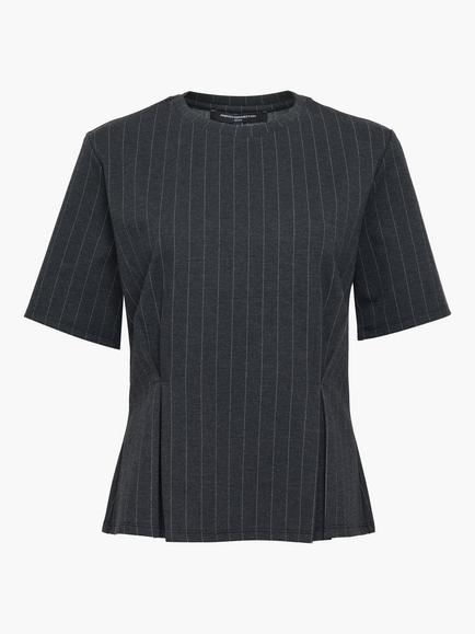 French Connection Sarai Pinstripe Pleat Detail T-Shirt, Grey/White, Grey/White