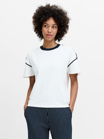 French Connection Shainey Plush Contrast Trim T-Shirt, White/Navy, White/Navy