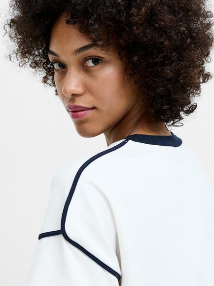 French Connection Shainey Plush Contrast Trim T-Shirt, White/Navy - view 2, White/Navy