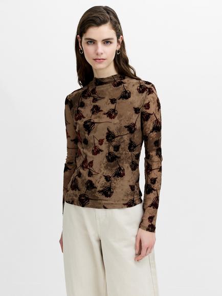 French Connection Tia Floral Mesh Long Sleeve Top, Chocolate Brown, Chocolate Brown