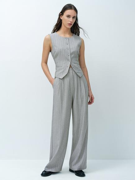 French Connection Enya Tailored Pinstripe Wide Leg Trousers, Grey, Grey