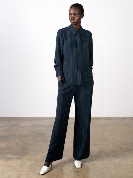 French Connection Erma Pinstripe Pull-On Wide Leg Trousers, Navy, Navy