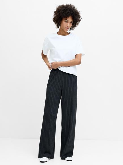 French Connection Sarai Pinstripe Pull-On Wide Leg Trousers, Grey/White, Grey/White
