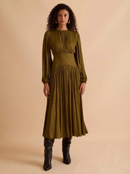 FLORERE Shoulder Detail Fit & Flare Midi Dress, Khaki, Khaki