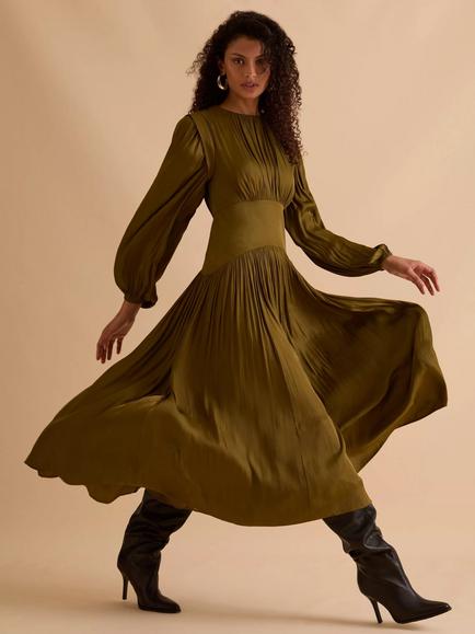 FLORERE Shoulder Detail Fit & Flare Midi Dress, Khaki - view 2, Khaki