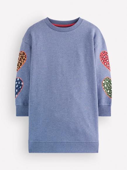 Mini Boden Kids' Ami Relaxed Sweatshirt Dress, Blue/Heart Embroidery, Blue/Heart Embroidery