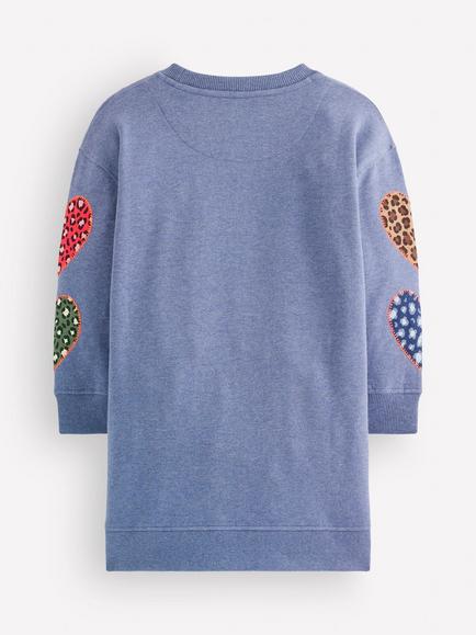 Mini Boden Kids' Ami Relaxed Sweatshirt Dress, Blue/Heart Embroidery - view 2, Blue/Heart Embroidery