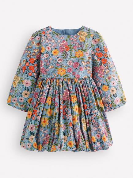 Mini Boden Kids' Floral Long Sleeve Bubble Dress, Blue/Multi, Blue/Multi