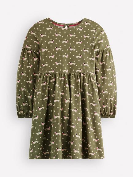 Mini Boden Kids' Madeline Cotton Blouson Sleeve Dress, Green/Multi, Green/Multi