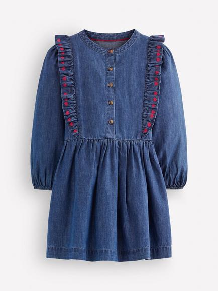 Mini Boden Kids' Winnie Long Sleeve Frill Shirt Dress, Blue/Multi, Blue/Multi