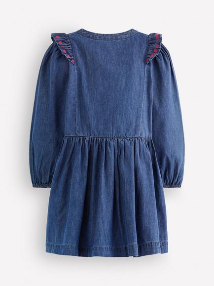 Mini Boden Kids' Winnie Long Sleeve Frill Shirt Dress, Blue/Multi - view 2, Blue/Multi