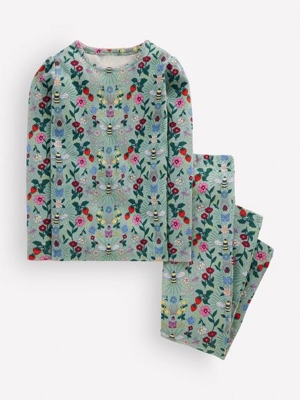 Mini Boden Kids' Floral Long John Pyjama Set, Green/Multi, Green/Multi