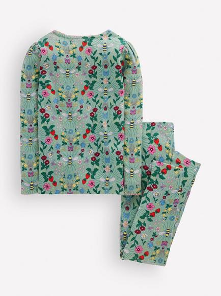 Mini Boden Kids' Floral Long John Pyjama Set, Green/Multi - view 2, Green/Multi