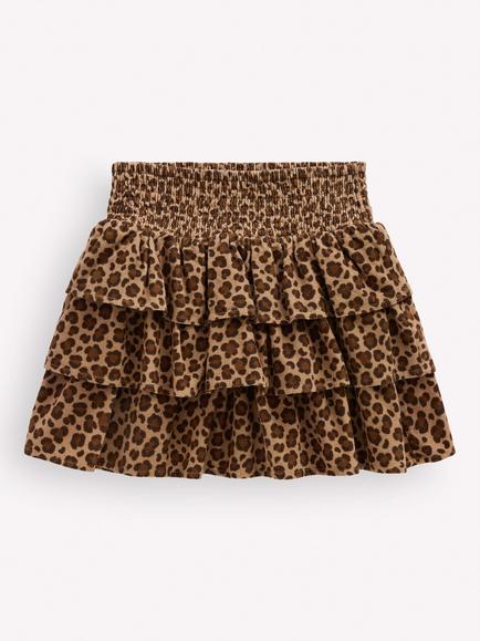 Mini Boden Kids' Smocked Waist Ruffle Skirt, Brown/Multi, Brown/Multi