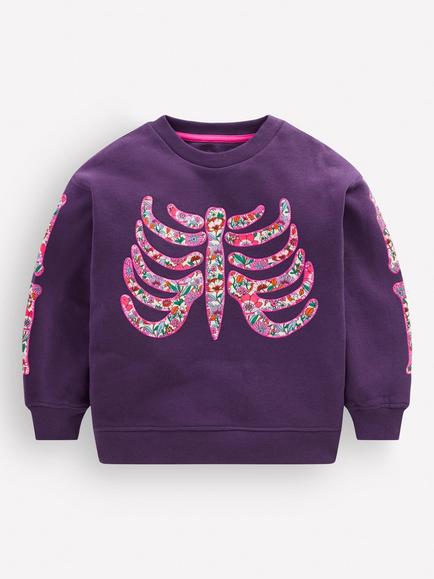 Mini Boden Kids' Bobbie Applique Sweatshirt, Lily Purple Skeleton, Lily Purple Skeleton