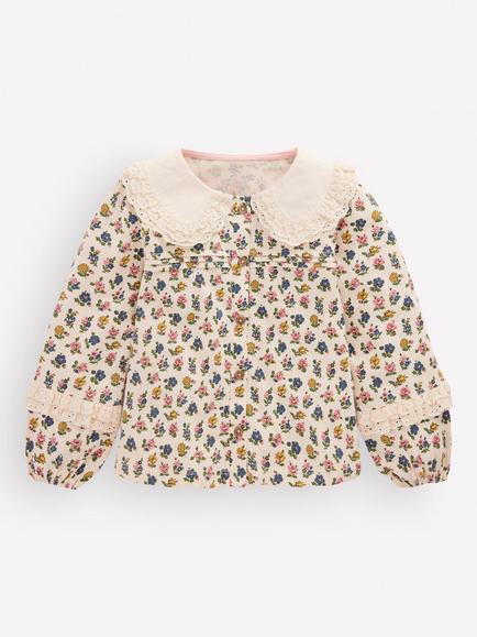 Mini Boden Kids' Long Sleeve Broderie Collar Top, Vanilla White Floral, Vanilla White Floral