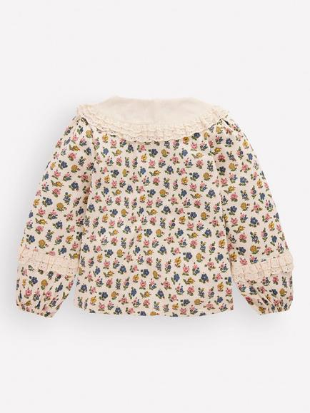Mini Boden Kids' Long Sleeve Broderie Collar Top, Vanilla White Floral - view 2, Vanilla White Floral