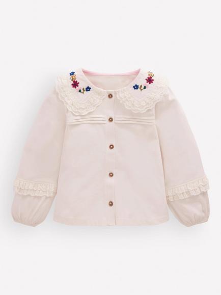 Mini Boden Kids' Long Sleeve Broderie Collar Top, Soft Ivory, Soft Ivory