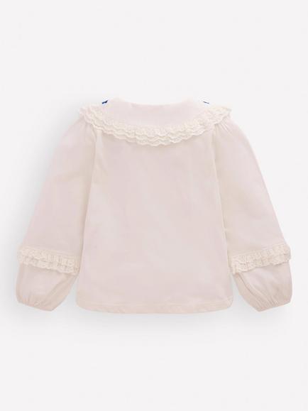Mini Boden Kids' Long Sleeve Broderie Collar Top, Soft Ivory - view 2, Soft Ivory
