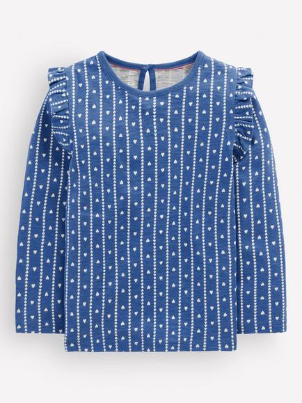 Mini Boden Kids' Cotton Slub Frill Sleeve Top, Blue/Multi, Blue/Multi
