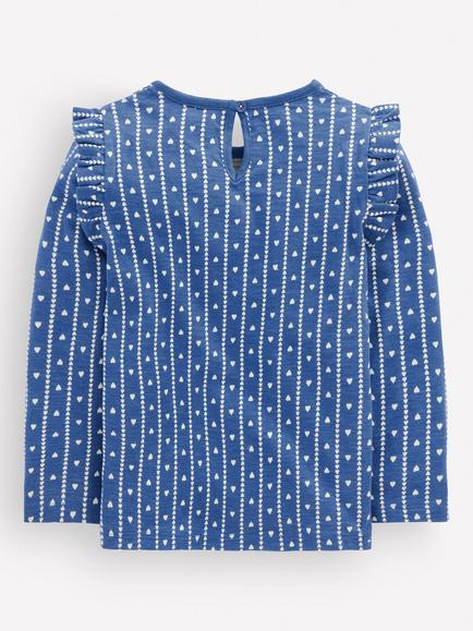 Mini Boden Kids' Cotton Slub Frill Sleeve Top, Blue/Multi - view 2, Blue/Multi