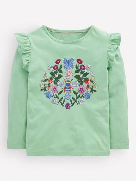 Mini Boden Kids' Cotton Floral Long Sleeve T-Shirt, Pistachio Green/Multi, Pistachio Green/Multi