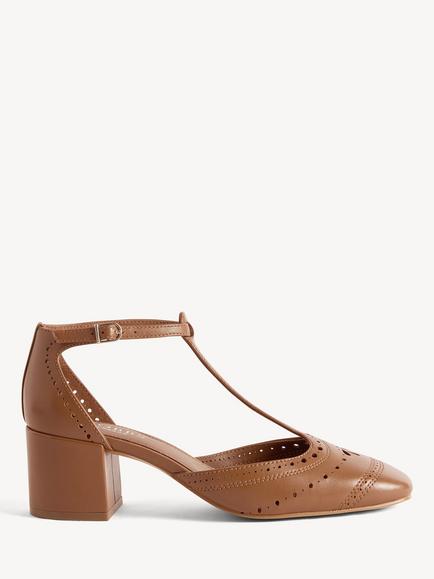 Hobbs Astrea Leather Broderie Block Heel T-Bar Court Shoes, Brown, Brown
