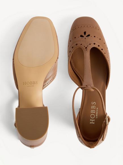 Hobbs Astrea Leather Broderie Block Heel T-Bar Court Shoes, Brown - view 2, Brown