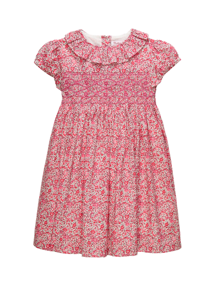 Trotters Kids' Emma & Georgina Cotton Floral Print Smocked Dress, Raspberry, Raspberry
