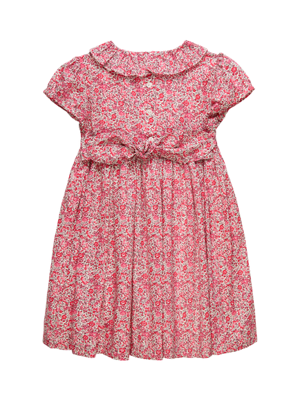 Trotters Kids' Emma & Georgina Cotton Floral Print Smocked Dress, Raspberry - view 2, Raspberry