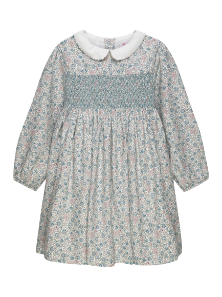 Trotters Kids' Lina Long Sleeve Floral Smocked Dress, Blue, Blue