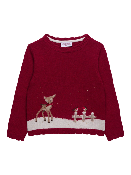 Trotters Kids' Festive Fawn Scallop Jumper, Red/Multi, Red/Multi