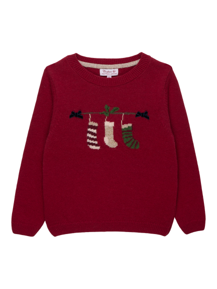 Trotters Kids' Knitted Christmas Stocking Jumper, Crimson, Crimson