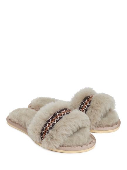 Celtic & Co. Braid Trim Sheepskin Slider Sandals, Oatmeal - view 2, Oatmeal