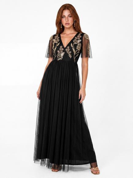 Maya Deluxe Floral Embellished Faux Wrap Tulle Maxi Dress, Black, Black