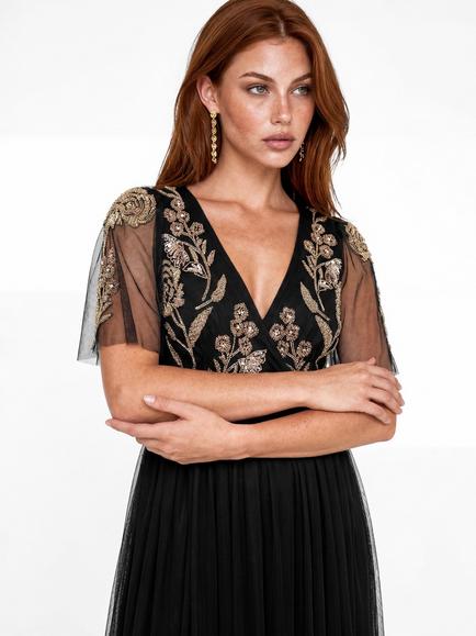 Maya Deluxe Floral Embellished Faux Wrap Tulle Maxi Dress, Black - view 2, Black